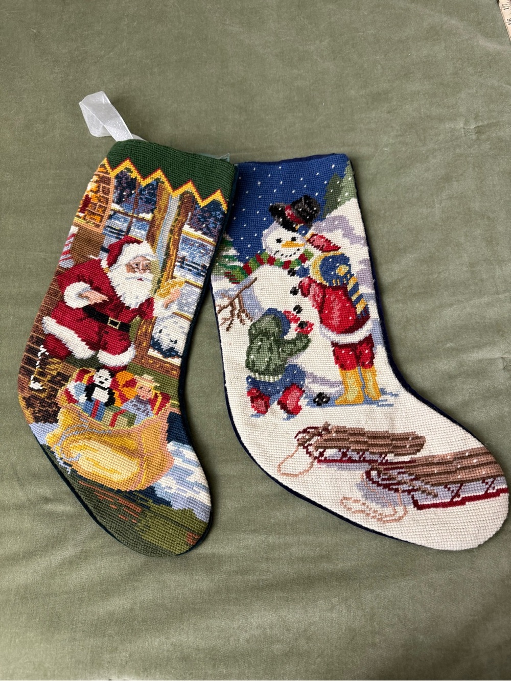 Pair of Needlepoint Christmas Stockings Santa Snowman 19in Wool Velvet Back #OSX